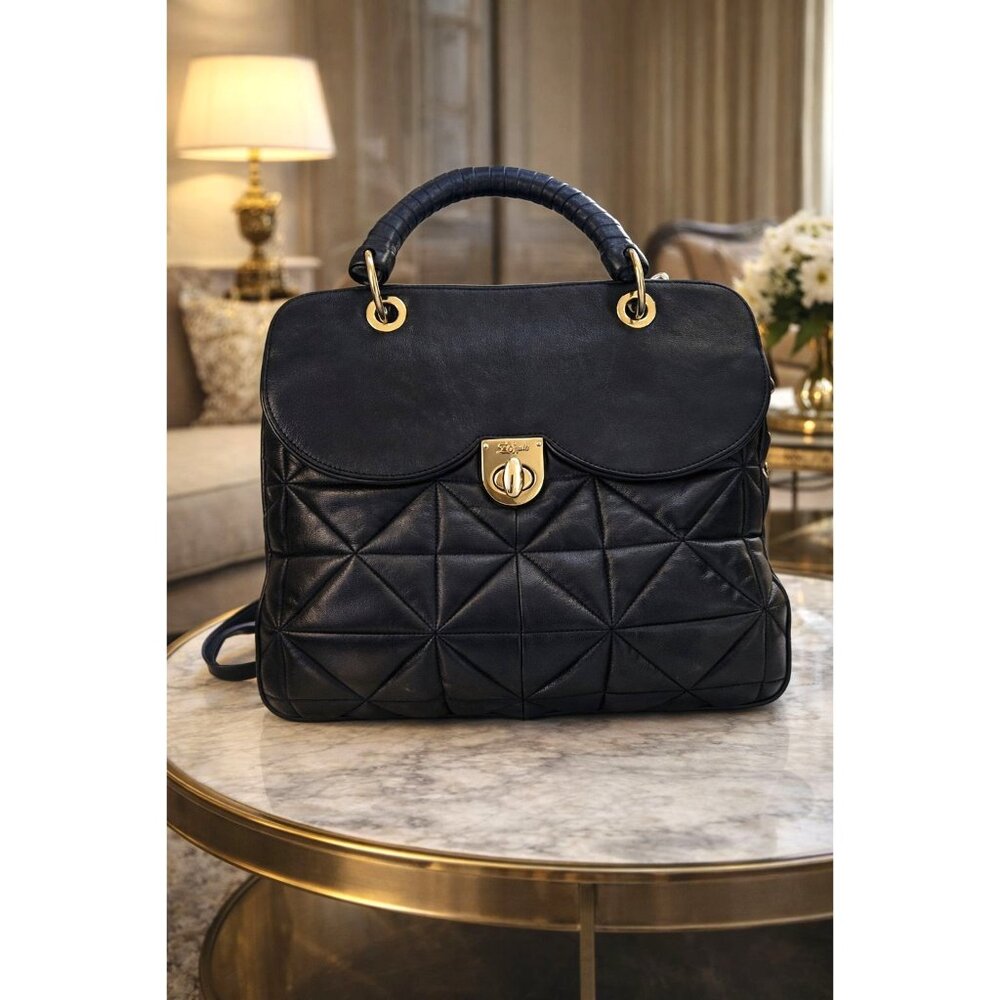 Zac Posen Quilted Navy Lambskin Leather Handbag Purse Top Handle Crossbody